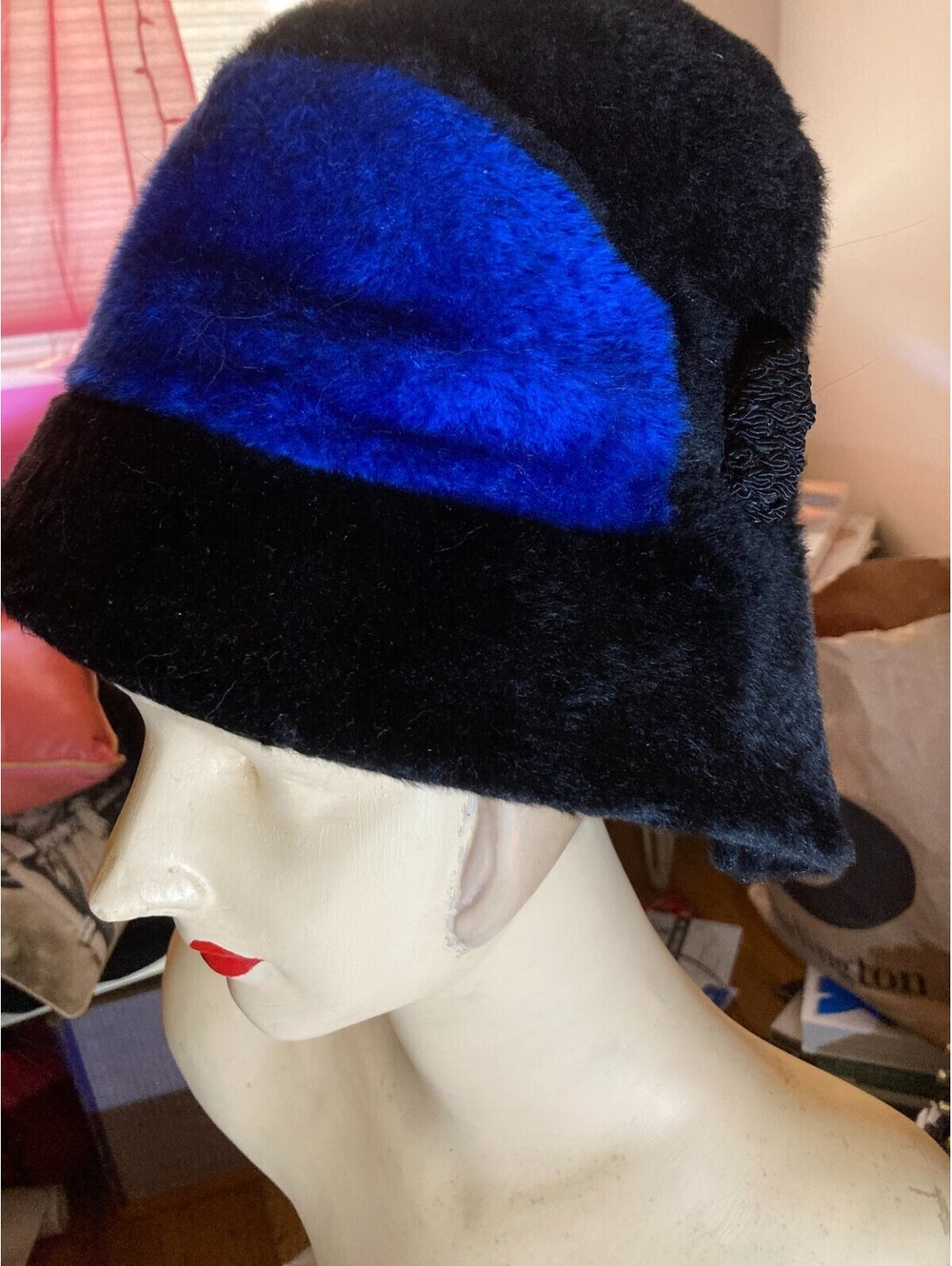 VTG 50s 60s Milady Black/Blue Felted Faux Fur Cloche Bucket Hat Made In USA